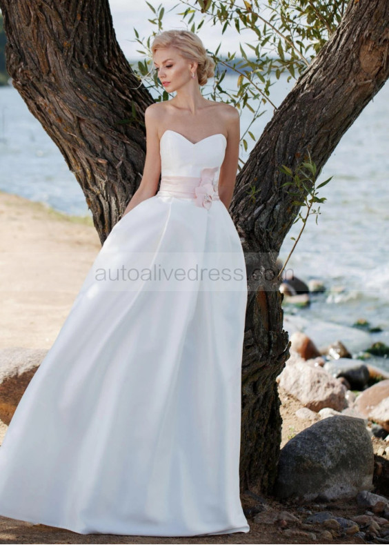 Ivory Satin Rustic Wedding Dress With Pink Flower Sash